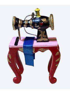 Miniature Sewing Machine Ornament With Glittered Accents and Decorative Table